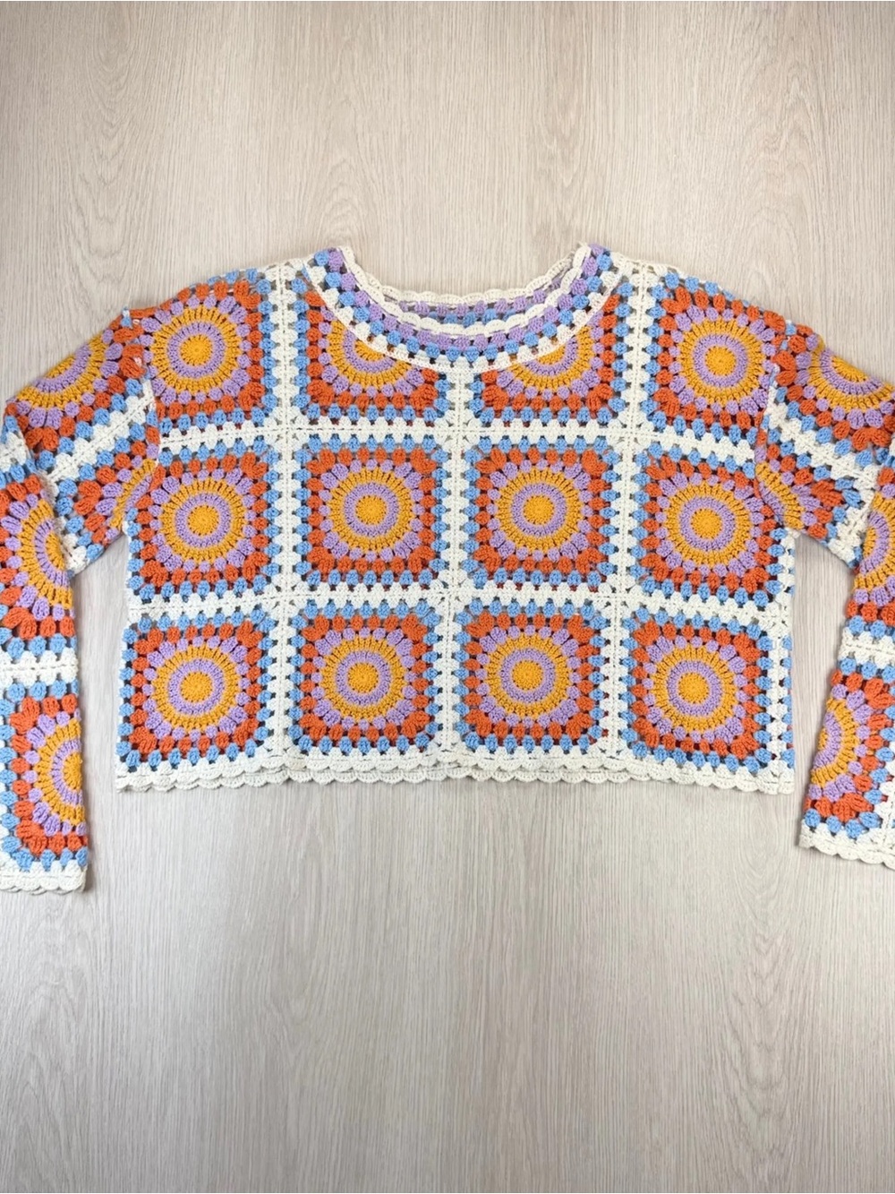 Crochet Square-Panel Crop Top in Cream, Orange & Lavender